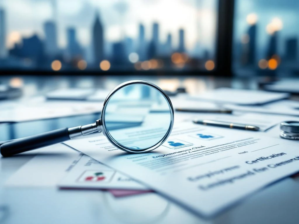 Professioneel bureau met veiligheidsdocumenten, badges en verificatiecertificaten onder vergrootglas op tablet