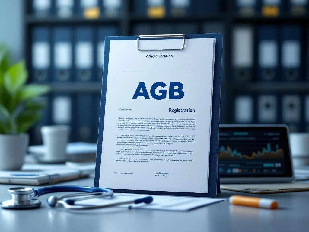 AGB registratiedocument op bureau met stethoscoop, voorschriftblok en tablet met zorggegevens voor medische compliance