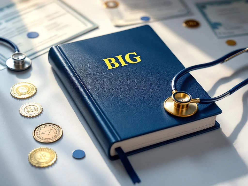 Nederlands BIG-register boek op wit bureau met stethoscoop, officiële zegels en medische certificaten op achtergrond
