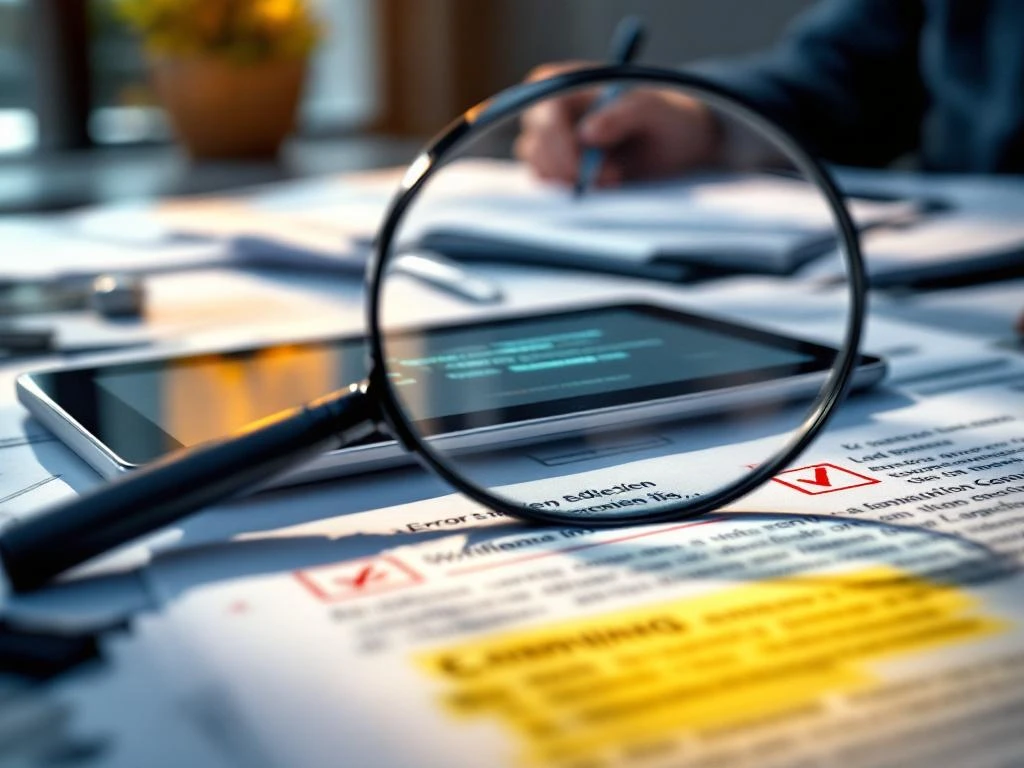 Officiële documenten met rode waarschuwingsstempels en compliance markeringen op bureau met vergrootglas en tablet