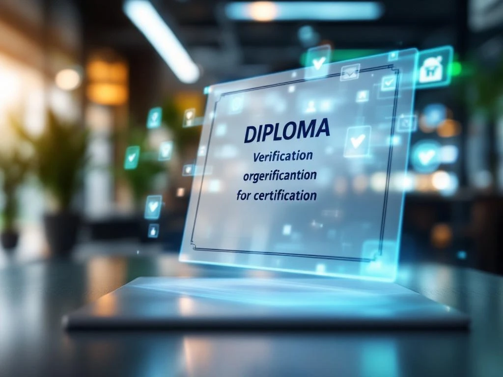Digitaal diploma certificaat zweeft boven modern bureau met holografische verificatie badges in blauw-groen licht