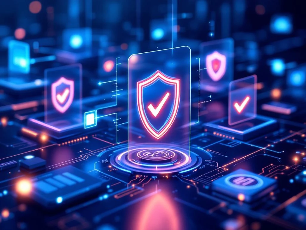 Digitale interface voor geautomatiseerde identiteitsverificatie met holografische vinkjes en beveiligingsschermen