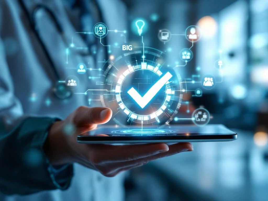 Digitale tablet met groene verificatievinkje voor BIG-registratie, holografische datastromen in moderne kantooromgeving