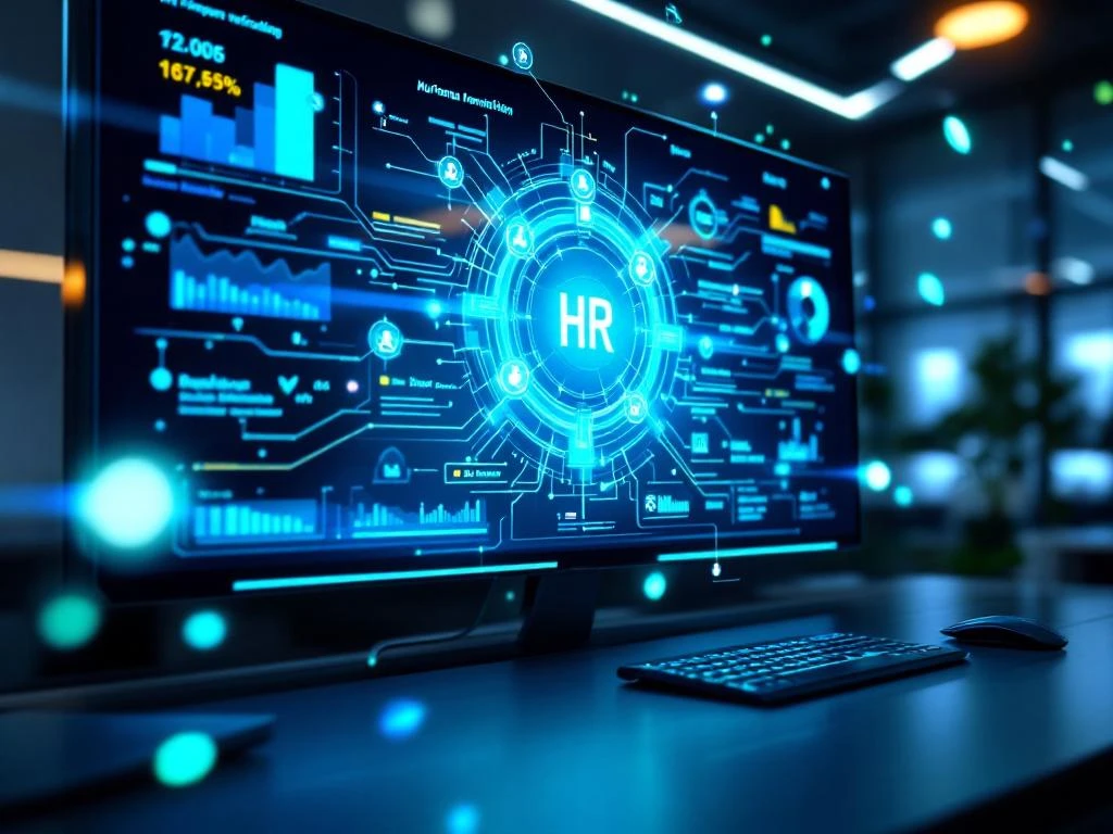 Moderne kantooromgeving met digitaal dashboard voor geautomatiseerde HR-workflows en holografische verificatiesymbolen