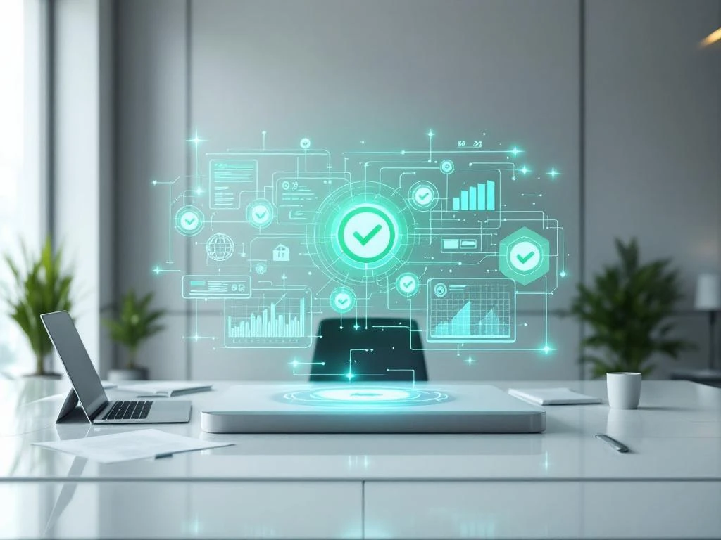 Holografisch HR-automatisering dashboard met workflow diagrammen zweeft boven moderne kantoorruimte met laptop en documenten