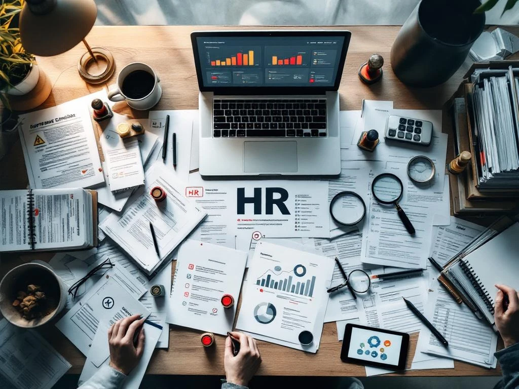 Rommelig HR-bureau met papieren documenten, laptop met waarschuwingen en tablet met geautomatiseerde workflows