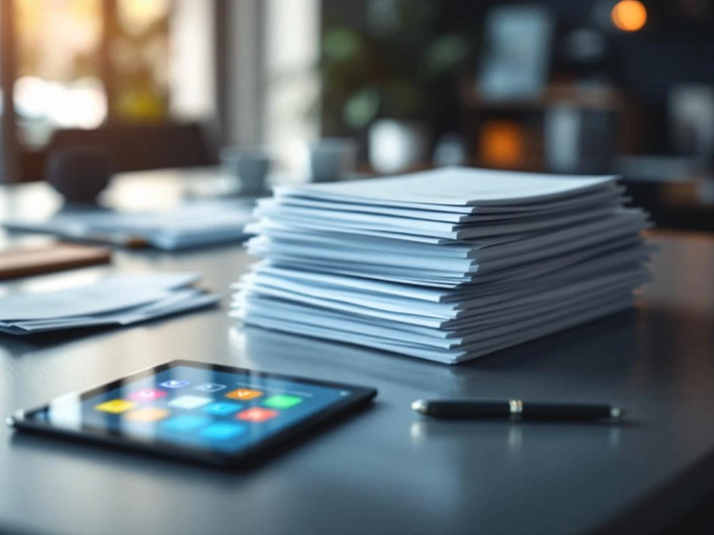 HR-werkplek met documentenstapels, tablet met compliance-indicatoren en vergrootglas voor personeelsverificatie