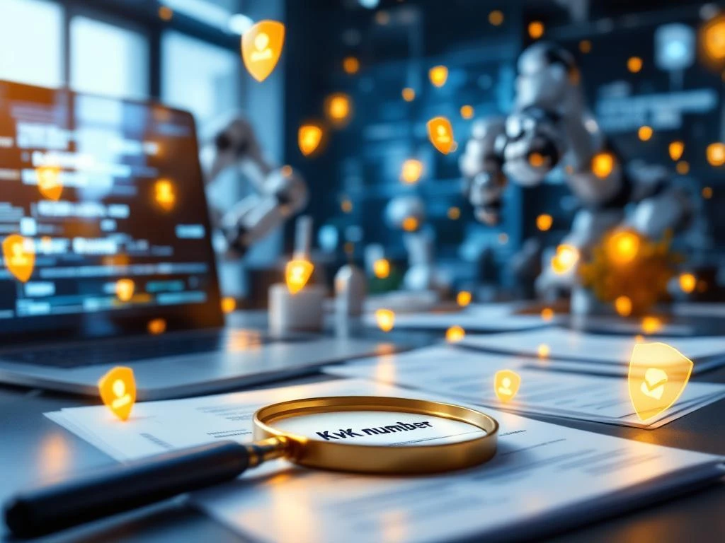 Modern kantoorbureau met laptop die digitale verificatie toont, Nederlandse KvK-documenten en geautomatiseerde HR-compliance