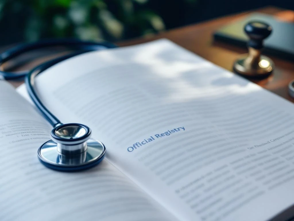 Open zorgverlener registratieboek met stethoscoop, certificeringsstempel en officieel zegel op houten bureau