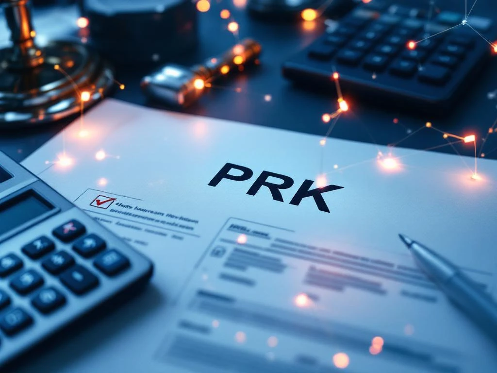 Officieel Nederlands overheidsdocument met PRK-markering, calculator, stempels en compliance symbolen op bureau