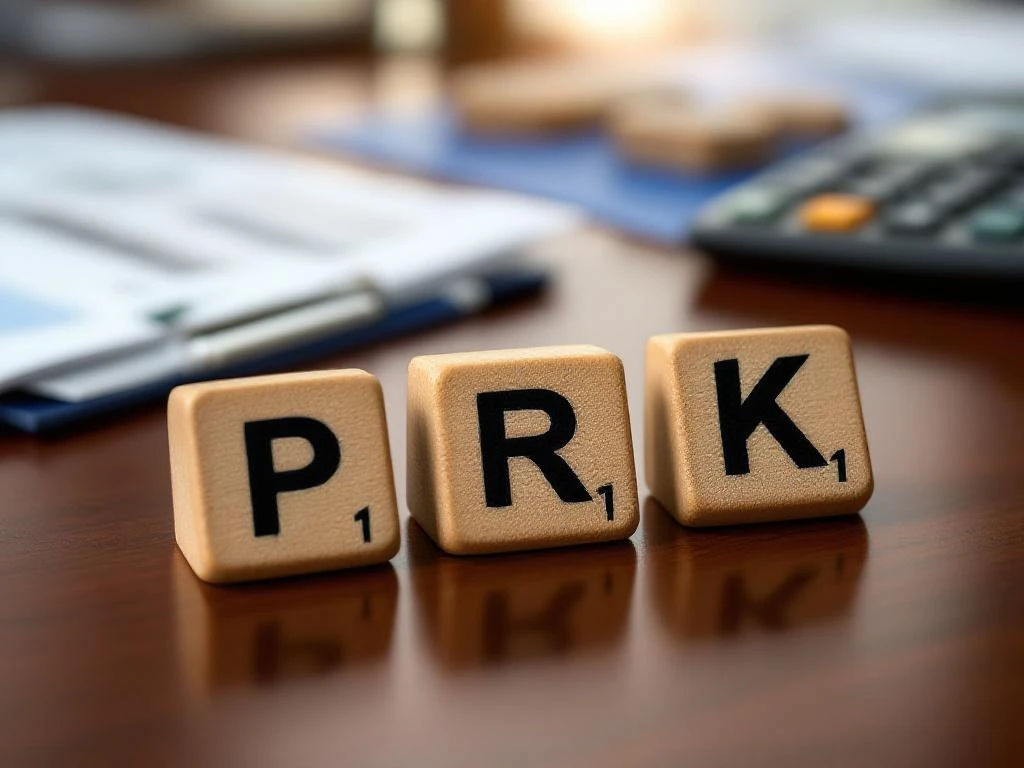 Houten letterblokken die "PRK" spellen op mahonie bureau met financiële documenten en calculator op achtergrond