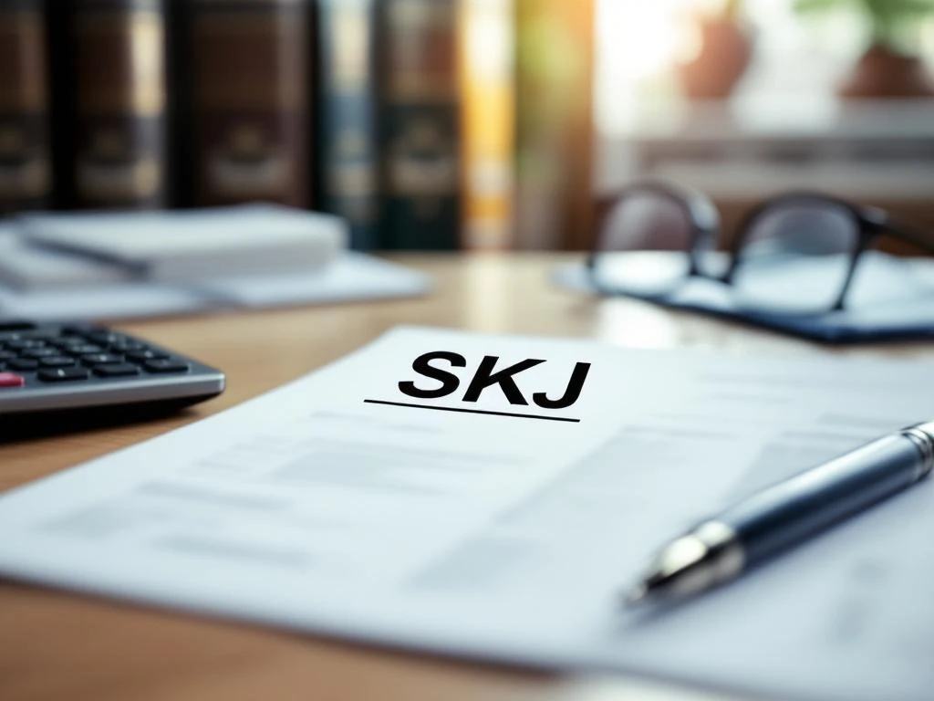 Nederlands overheidsdocument met SKJ-tekst op houten bureau met rekenmachine, pen en bril voor financiële administratie