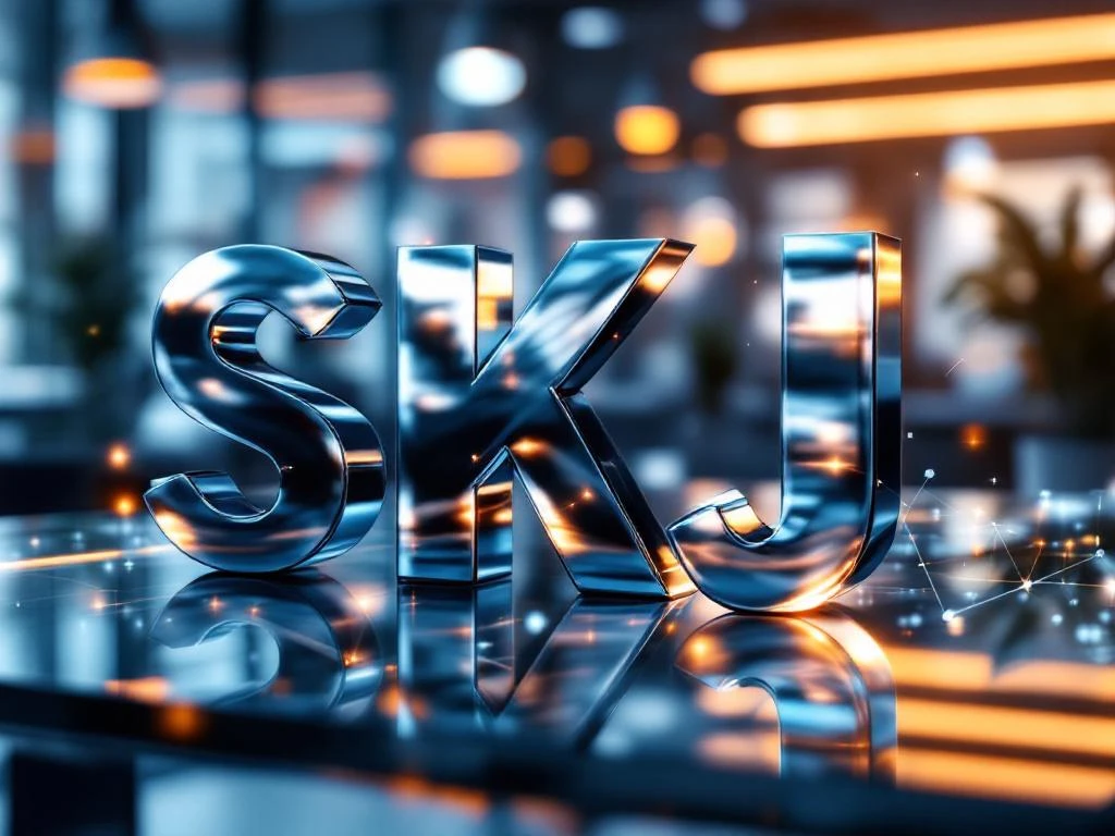 Grote chromen letters "SKJ" op glazen bureau met digitale datastromen en kantooromgeving op achtergrond