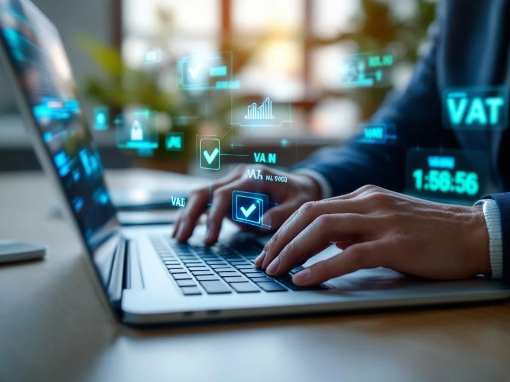 Handen typen op laptop met holografische VAT-validatiesymbolen en geautomatiseerd verificatiedashboard in moderne kantooromgeving