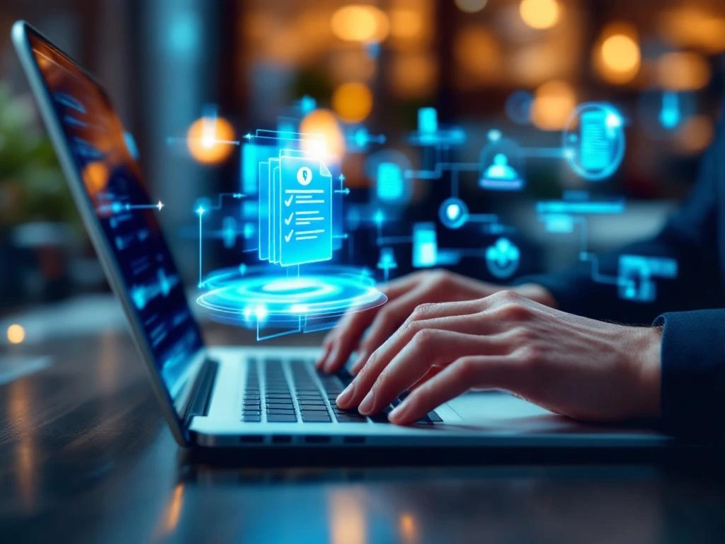 Handen typen op laptop met holografische VOG-documenten en overheidslogo's in blauw licht in Nederlands kantoor