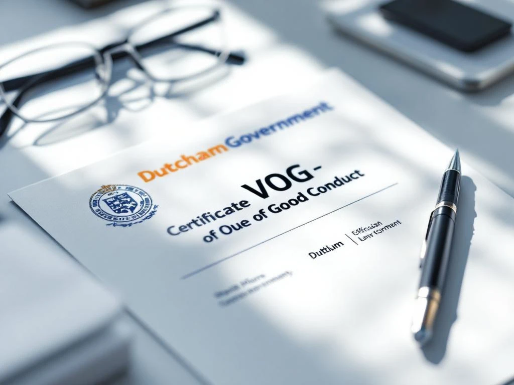 VOG certificaat van goed gedrag op wit bureau met pen en bril, officieel Nederlands overheidsdocument in oranje en blauw