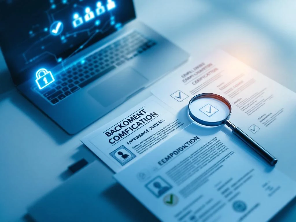 Moderne bureauopzet met laptop, veiligheidskaarten, identificatiedocumenten en werknemersscreening certificaten