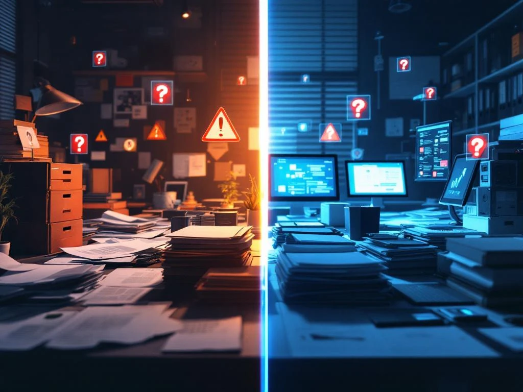 Gesplitst kantoorbeeld: rommelige werkplek met waarschuwingssymbolen links, georganiseerd kantoor met vinkjes rechts
