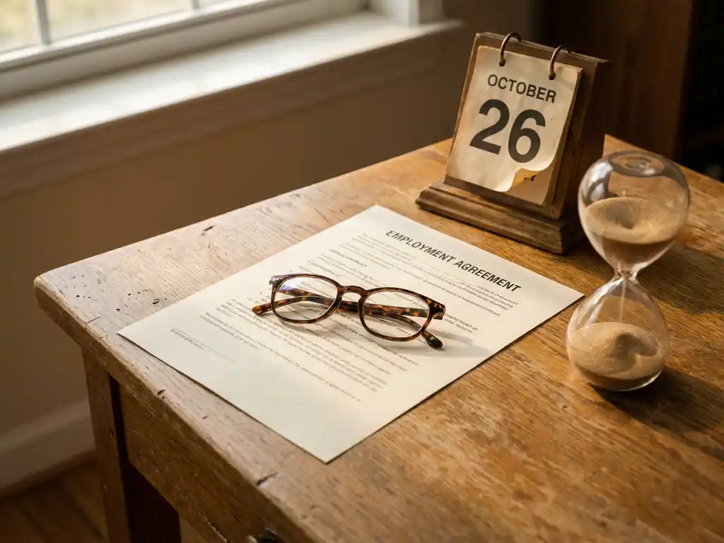 Arbeidscontract op houten bureau met zandloper, leesbril en kalender in warm kantoorlicht.