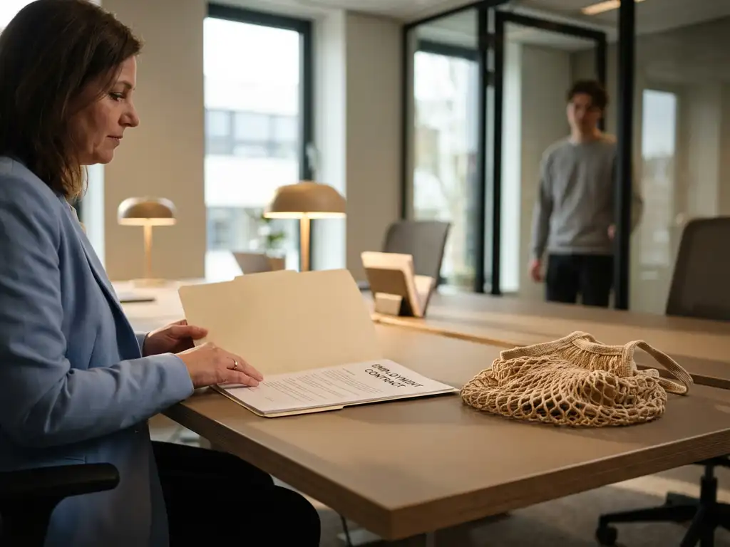 HR-manager bekijkt arbeidscontract aan modern bureau met symbolisch vangnet, terwijl een medewerker op de achtergrond staat.