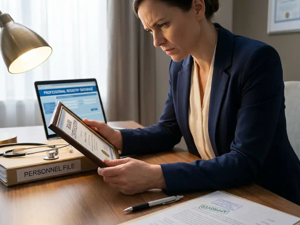 Zorgprofessional in formeel pak controleert certificeringsdocument aan bureau met stethoscoop en personeelsdossier.