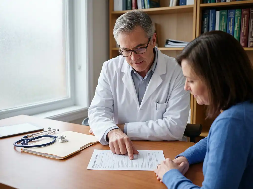 Bedrijfsarts in witte jas bespreekt medische beoordeling met patiënt aan bureau, stethoscoop en dossier zichtbaar.
