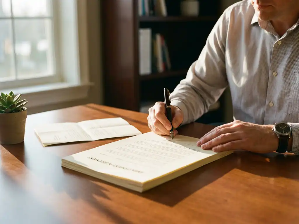 Professional ondertekent arbeidscontract met vulpen aan bureau, groen plantje en warm natuurlijk licht op de achtergrond.
