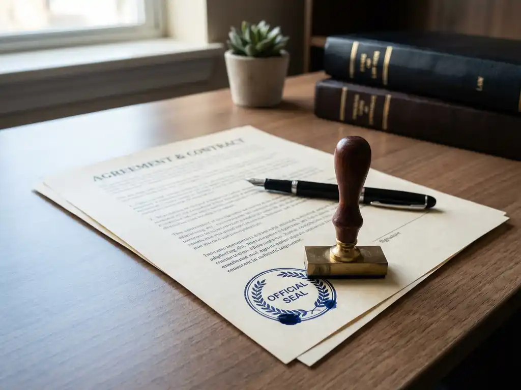 Formeel contract op professioneel bureau met fountain pen en officieel zegel, zacht natuurlijk licht, zakelijke sfeer.