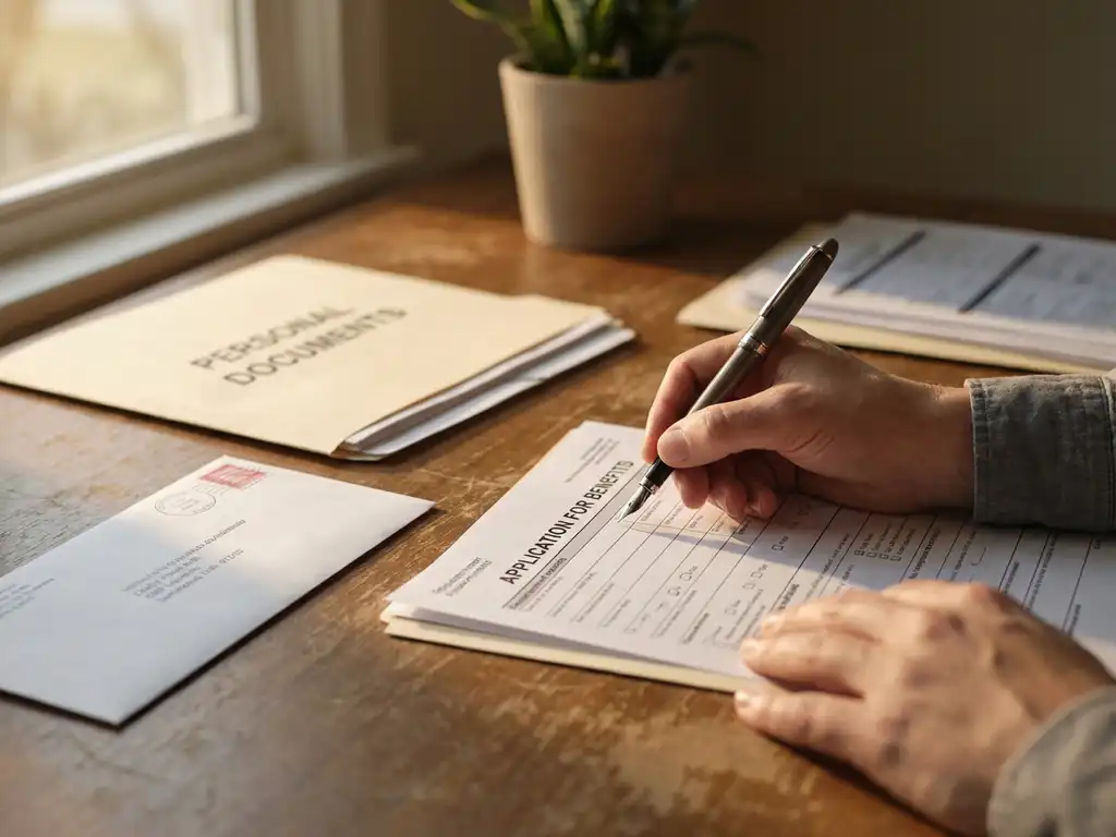 Persoon vult zorgvuldig een officieel formulier in aan een houten bureau, met documenten en envelop ernaast.