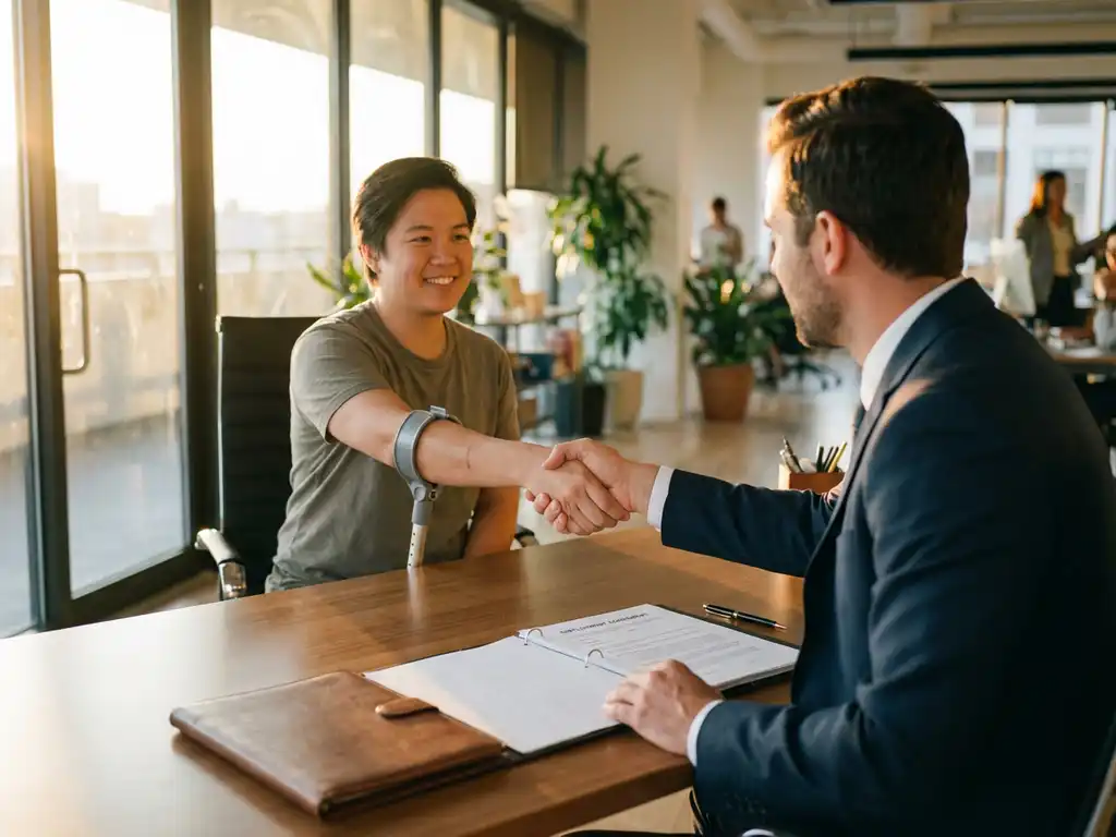 Persoon met een onderarmkruk geeft een hand aan een werkgever, met een arbeidscontract op het bureau.