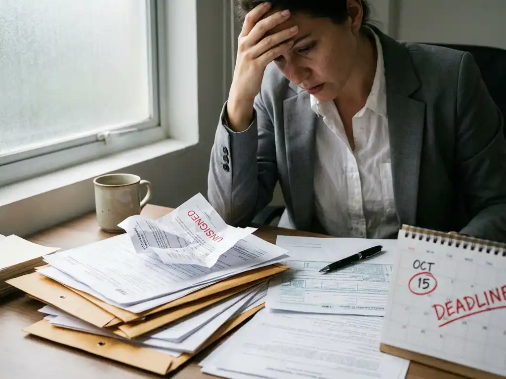 Gestresste professional aan bureau met ongetekende formulieren en kalender met gemiste deadline in zacht kantoorlicht.