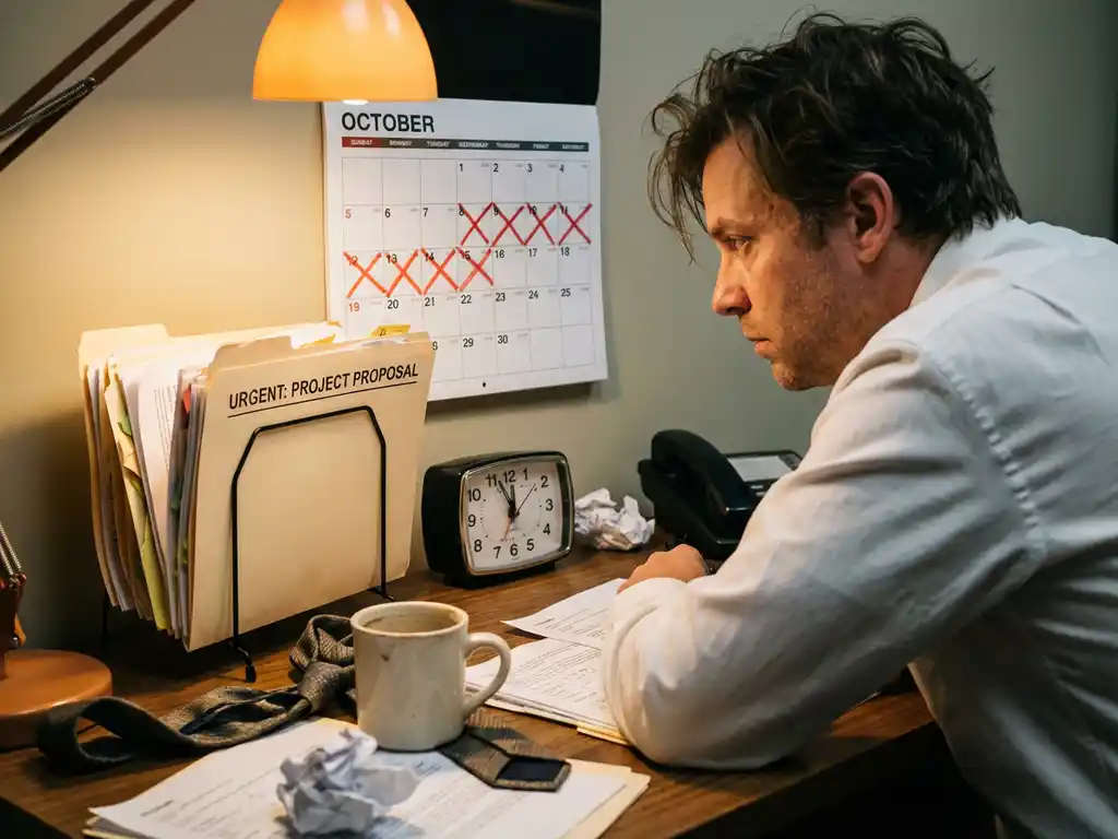 Gestresste kantoormedewerker aan rommelig bureau, starend naar kalender met doorgestreepte dagen en open officieel document.