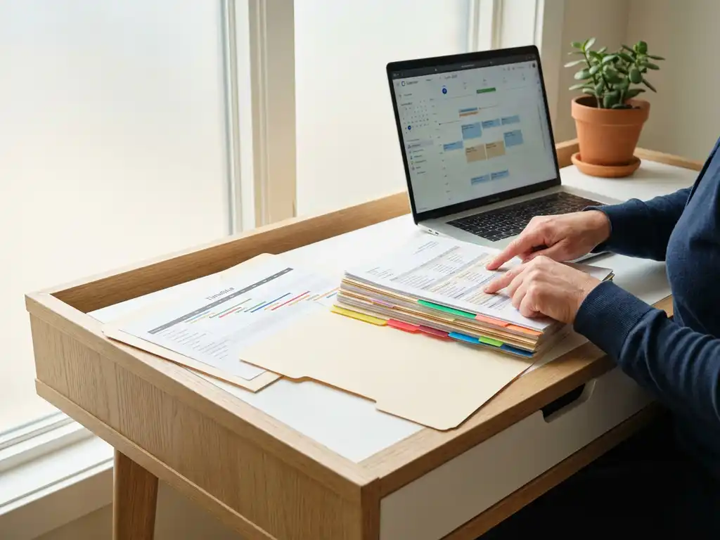 HR-consultant vergelijkt gestructureerde dossiermappen met tijdlijn op modern bureau in professioneel kantoor.