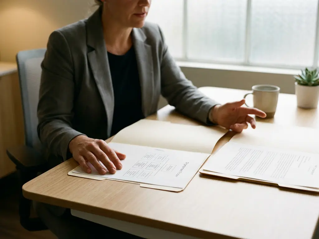 HR-consultant aan modern bureau met twee open personeelsdossiers en een organisatieschema, in een professionele kantooromgeving.