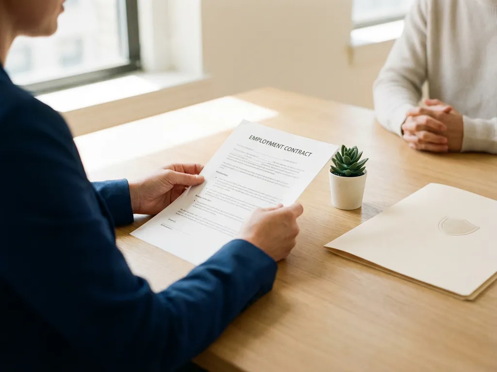 HR-manager bekijkt arbeidscontract aan bureau met map en plant, terwijl medewerker tegenover zit in professioneel overleg.