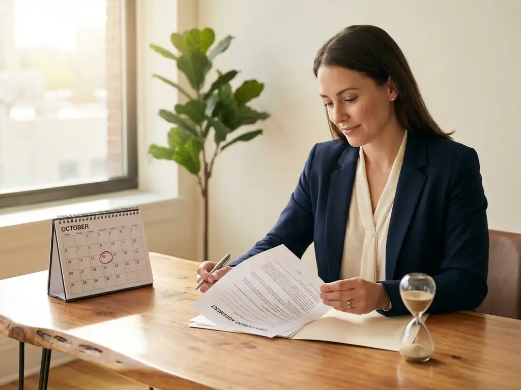 HR-manager beoordeelt arbeidscontract aan bureau met kalender, zandloper en kantoorplant op de achtergrond.