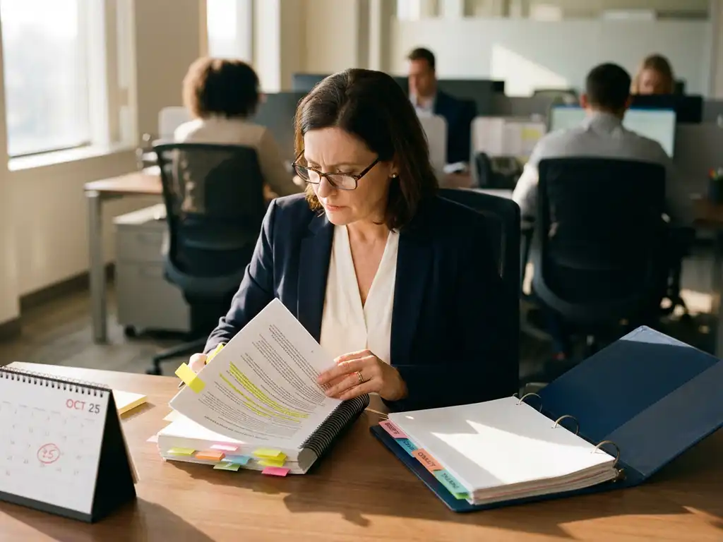 HR-manager bekijkt beleidsdocument met aantekeningen aan bureau, deadline gecirkeld op kalender, kantooromgeving op achtergrond.
