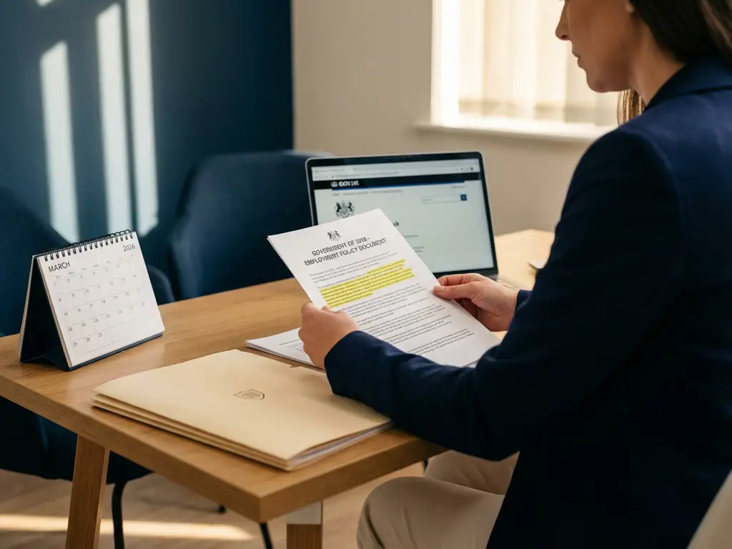 HR-manager bekijkt officieel overheidsbeleidsdocument aan modern bureau met kalender 2026 en laptop op de achtergrond.