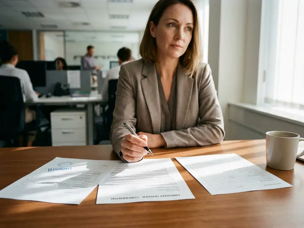 HR-manager bekijkt aandachtig personeelsdossier en officiële documenten aan een zakelijk bureau in een modern kantoor.