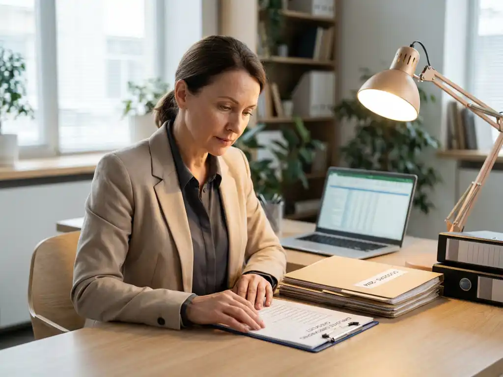 HR-manager bekijkt personeelsdossiers op klembord aan modern bureau met laptop en georganiseerde mappen.