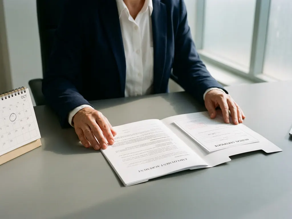 HR-manager bekijkt arbeidscontract en medisch attest op bureau, met kalender en natuurlijk licht door matglas raam.