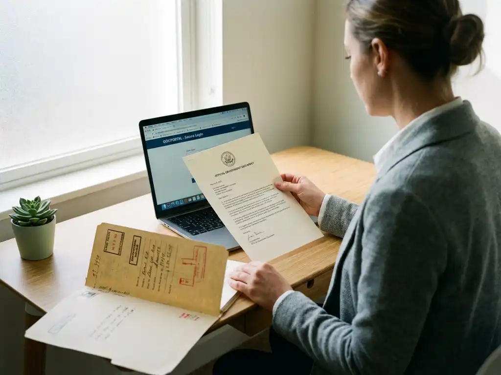 HR-manager bekijkt aandachtig een officieel overheidsdocument aan een modern bureau met laptop en overheidsportal.