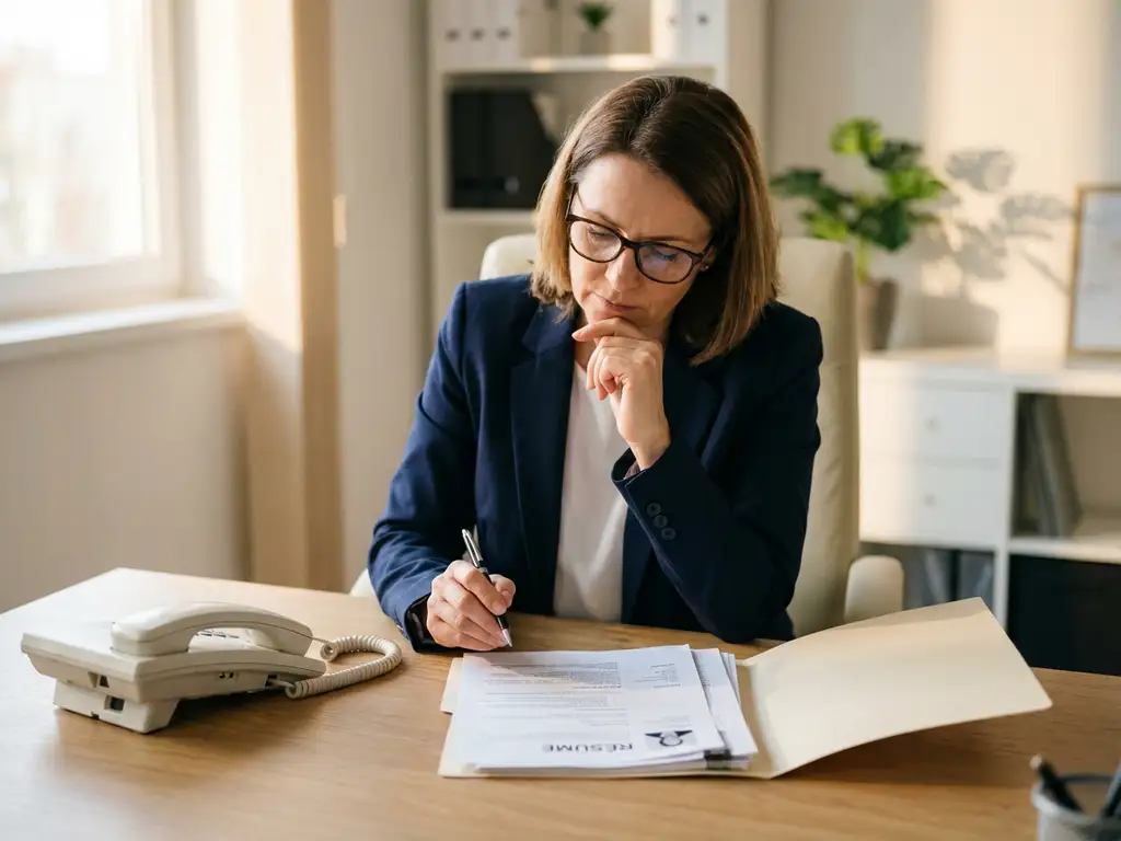 HR-manager beoordeelt kritisch een cv aan een opgeruimd bureau, pen in de hand, omringd door kandidaatdocumenten.