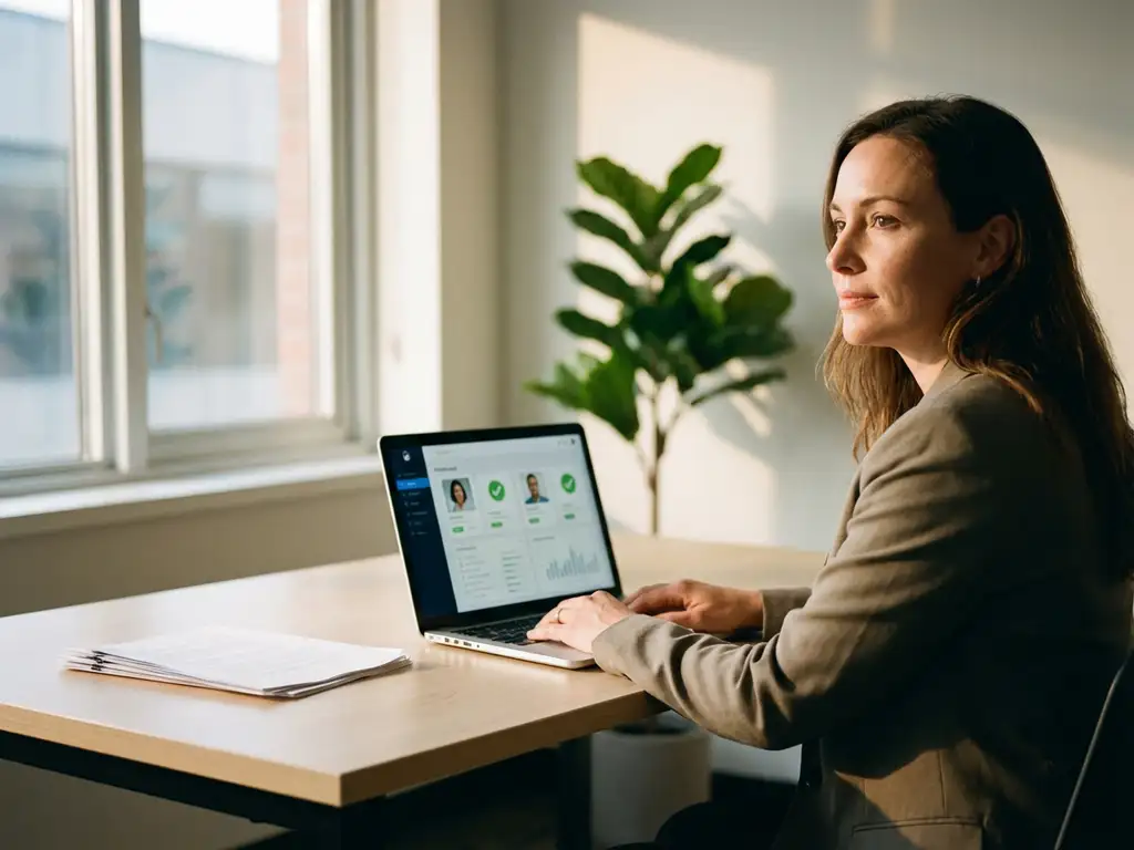 HR-manager bekijkt digitaal kandidatendashboard op laptop aan modern bureau, met zachte kantoorverlichting en rustige werksfeer.