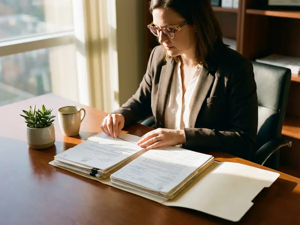 HR-manager vergelijkt twee beleidsmap­pen op een houten bureau in een licht, professioneel kantoor.