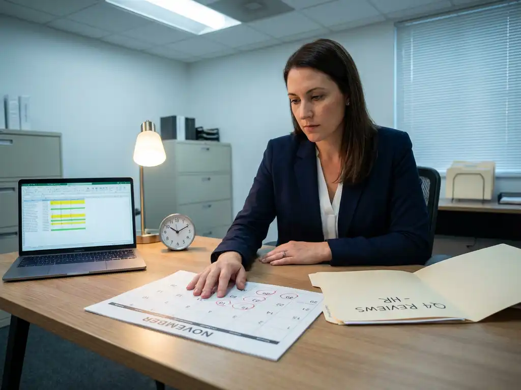 HR-manager bekijkt kalender met omcirkelde deadlines naast laptop met spreadsheet op modern kantoorbureau.