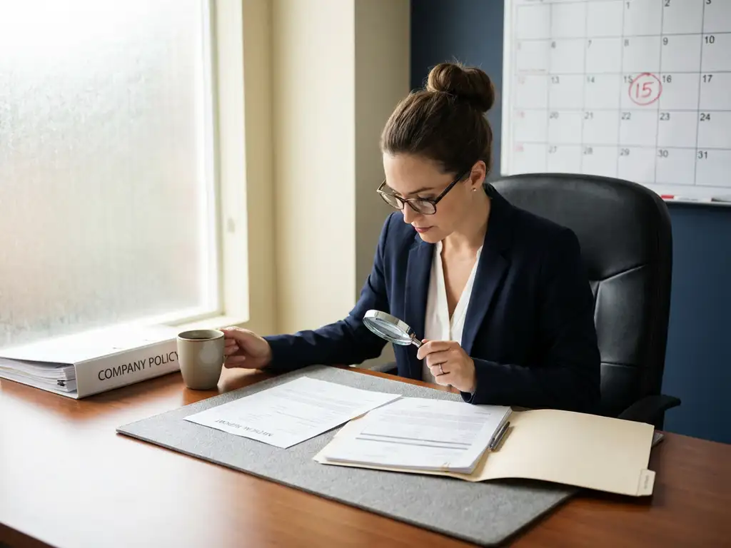HR-manager bekijkt medisch document en personeelsdossier op bureau, met beleidsmap en kalender op de achtergrond.