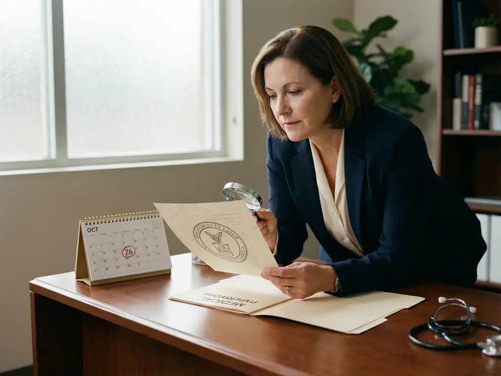 HR-manager beoordeelt medisch document aan bureau met stethoscoop, agenda en georganiseerde medische map op kantoor.