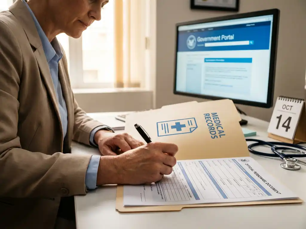 HR-manager vult officieel medisch formulier in op kantoor, met map, computer en stethoscoop op het bureau.