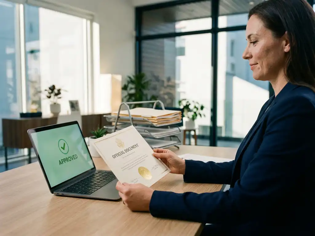 HR-manager houdt officieel overheidsdocument vast aan modern bureau met laptop waarop groen goedkeuringsscherm zichtbaar is.